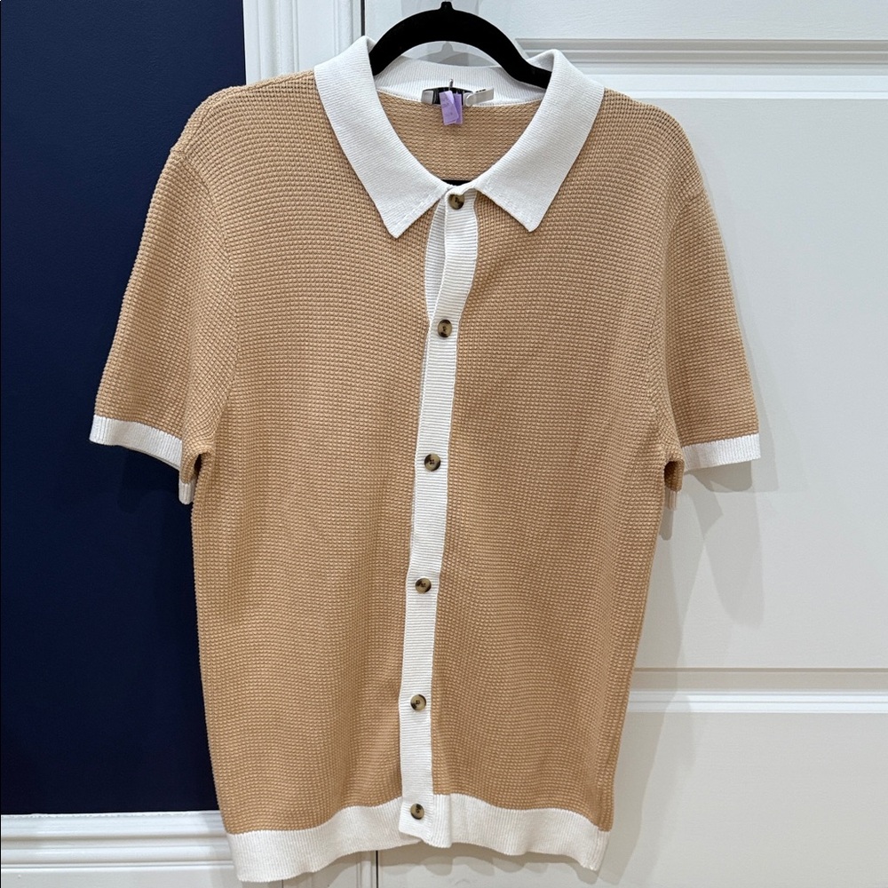 Onia Tan Knit Short-Sleeve Button-Down Shirt with White Trim